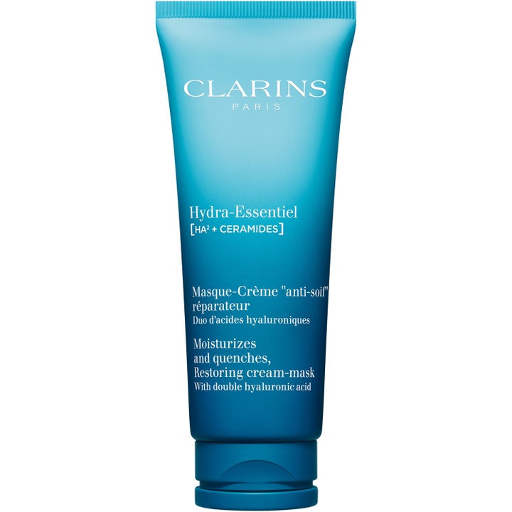 Clarins Hydra-Essentiel Masque-Crème fuktighetsgivende ansiktsmaske i en blå tube med hvit skrift og ceramider