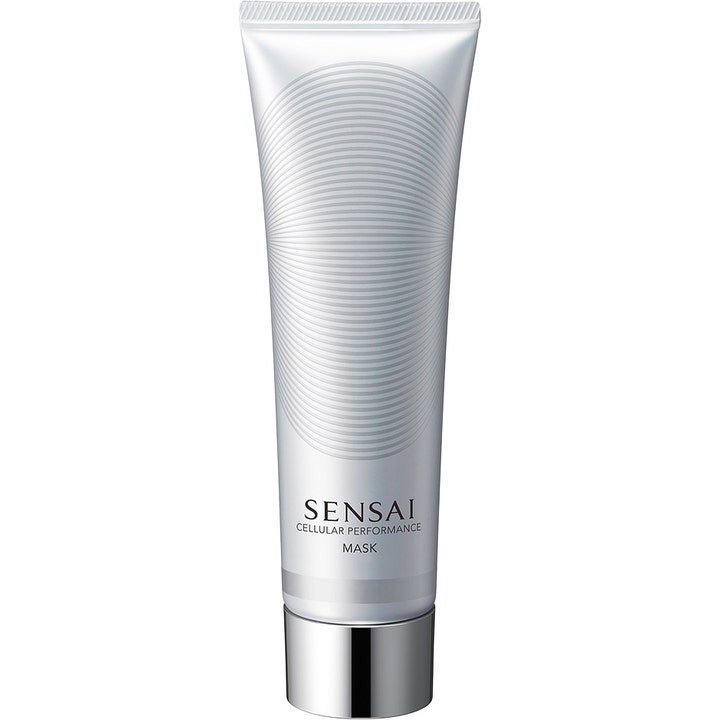 Sensai Cellular Performance Mask 100 ml som gir fuktighet i en elegant sølvhvit tube med sirkelmønster og blank kork