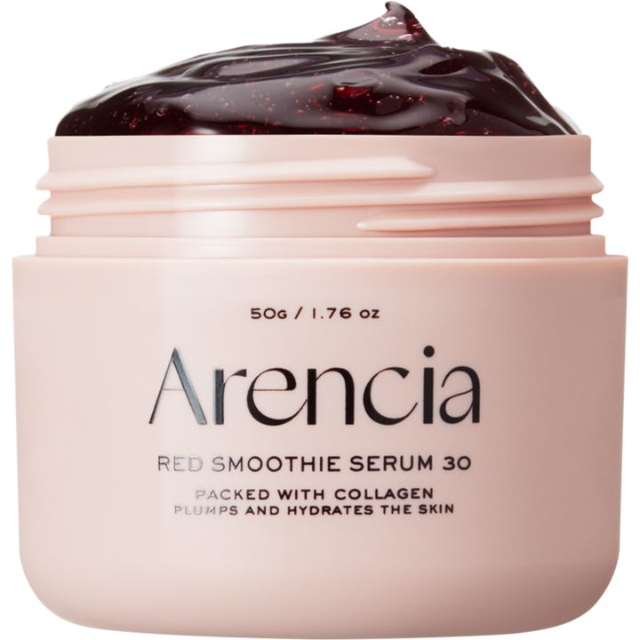 Arencia Red Smoothie Serum 30 50g fuktighetsgivende ansiktsserum med kollagen i rosa krukke med mørkerød gelé