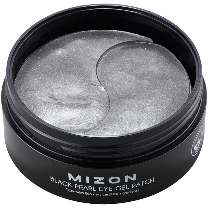 Mizon Black Pearl Eye Gel Patch 84 g glitrende mørkegrå øyemasker i en rund sort krukke