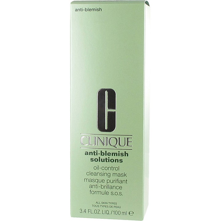 Clinique Anti Blemish Solutions Oil-Control Cleansing Mask 100 ml ansiktsmaske i en lysegrønn eske med sølvdetaljer.