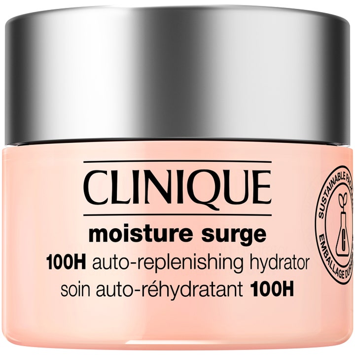 Clinique Moisture Surge 100H fuktighetskrem som gir intens fukt i en ferskenfarget krukke med sølvlokk