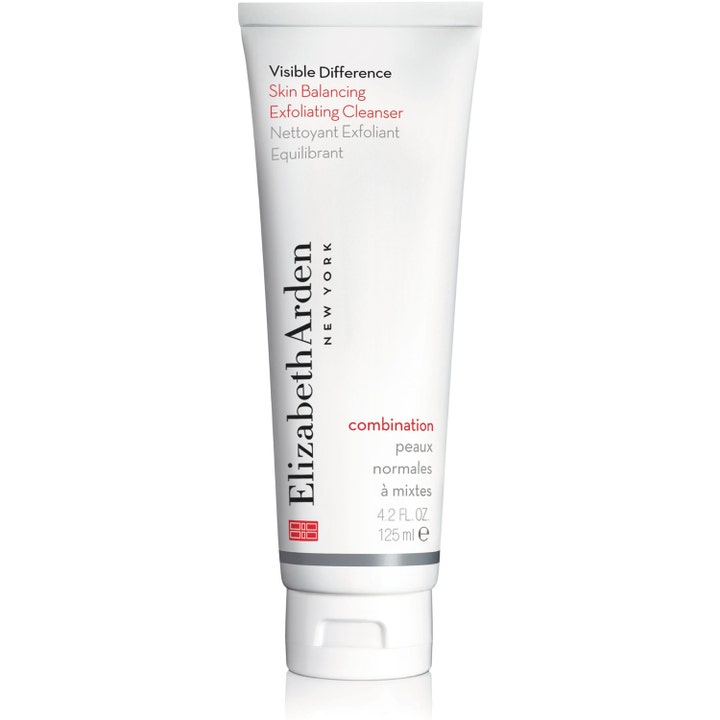 Elizabeth Arden Visible Difference Skin Balancing Exfoliating Cleanser 125 ml balanserer huden i en hvit tube med flippkork