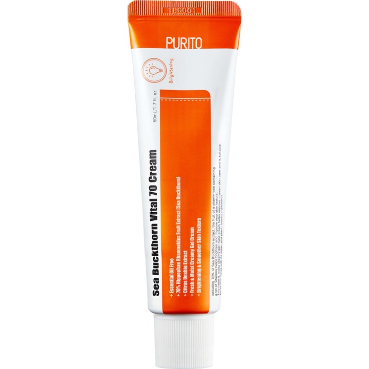 Purito Sea Buckthorn Vital 70 Cream 50 ml glødgivende ansiktskrem i hvit tube med klare oransje detaljer og hvit kork.
