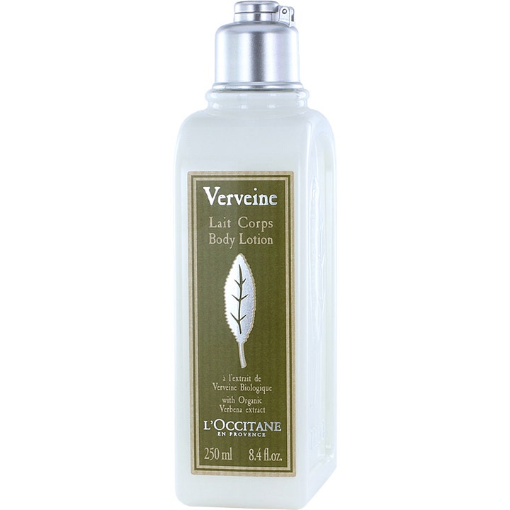 L'Occitane Verveine Body Lotion 250 ml oppfriskende kroppslotion i hvit flaske med sølvkork og grønn etikett med bladmotiv
