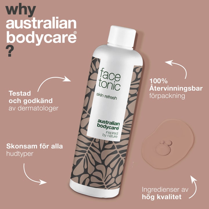 Australian Bodycare Face Tonic 150 ml toner mot urenheter i hvit flaske med bladmotiv og infografikk om fordeler