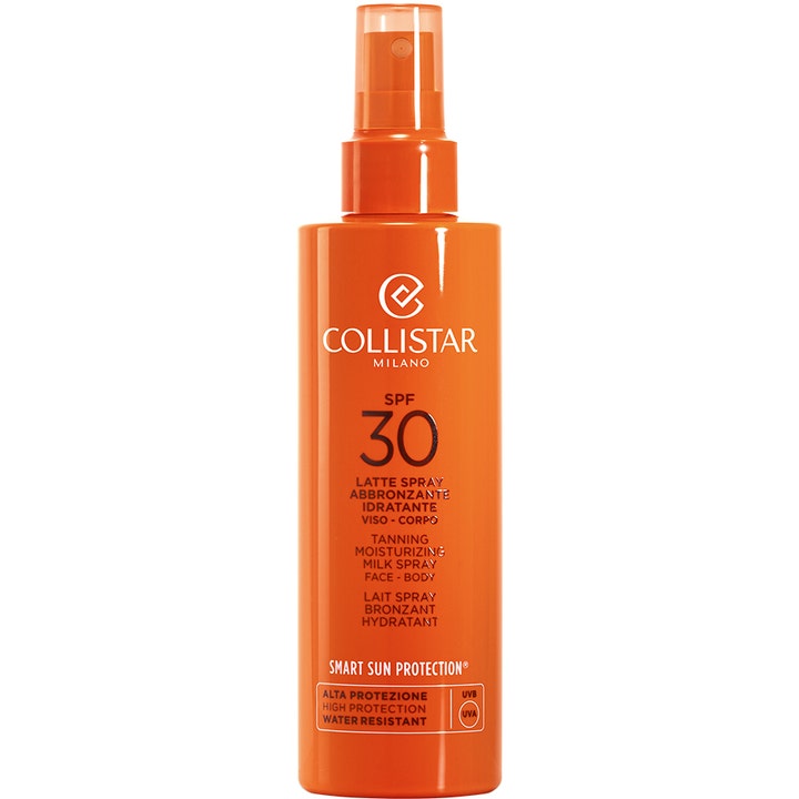 Collistar Tanning Moisturizing Milk Spray SPF 30 200 ml fuktighetsgivende solbeskyttelse i oransje sprayflaske.