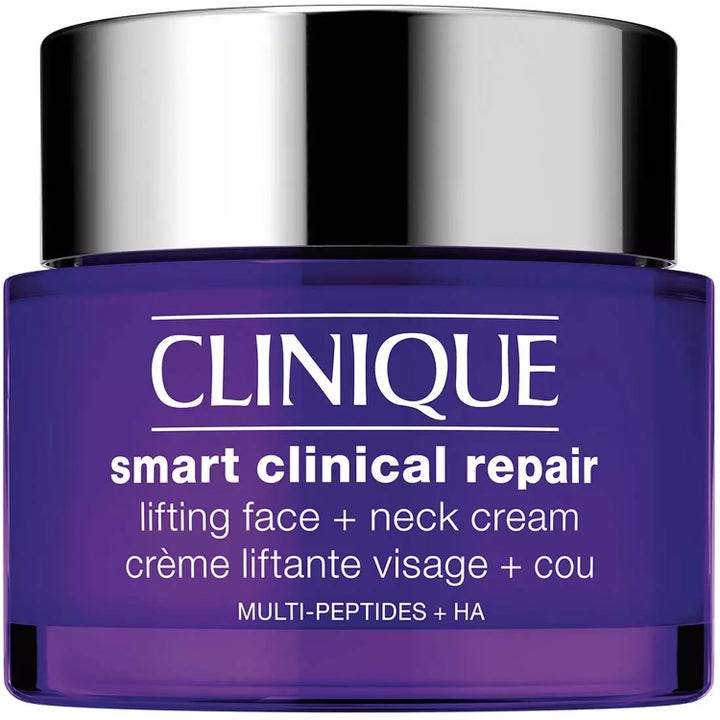 Clinique Smart Clinical Repair Lifting Face + Neck Cream oppstrammende krem med peptider i lilla krukke med sølvfarget lokk