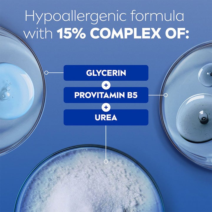 NIVEA Repair & Care Body Cream 400 ml viser hypoallergen formel med 15 % kompleks av glyserin, provitamin B5 og urea.