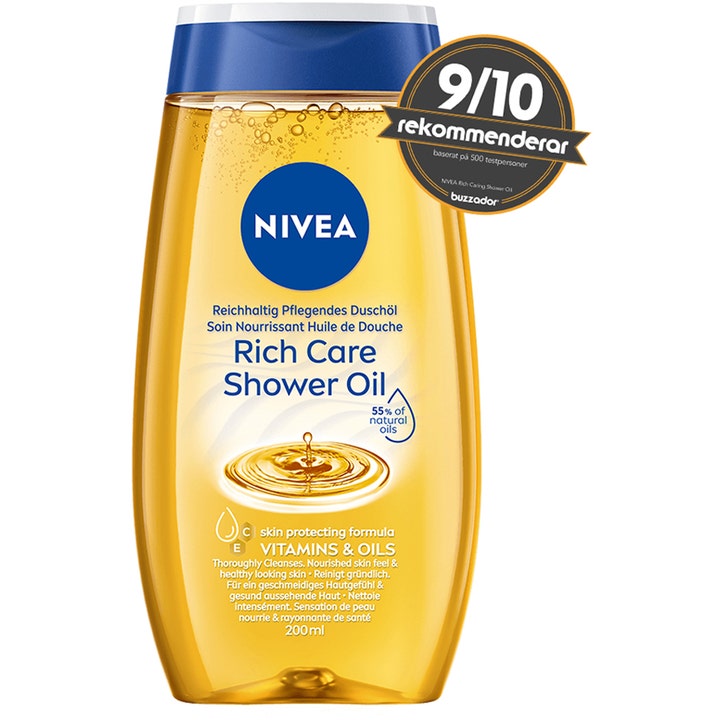 Nivea Rich Caring Shower Oil 200 ml pleiende dusjolje i gyllen flaske med blått lokk og 9/10 rekommenderar-merket