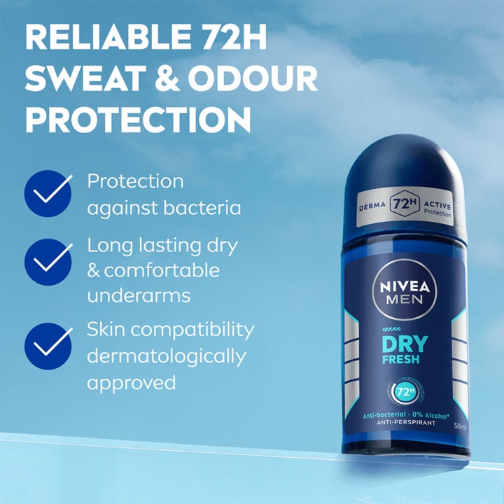 NIVEA MEN Dry Fresh Roll-On 50 ml herrdeodorant gir 72 timers beskyttelse vist på blå flaske mot en klar himmel