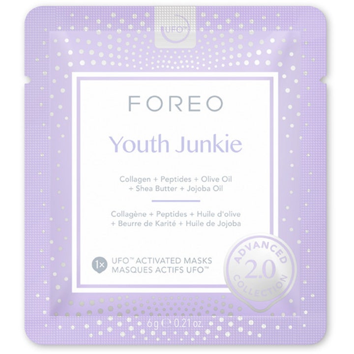 Foreo UFO Youth Junkie 2.0 6 stk collagen ansiktsmaske i lilla sachet med hvit tekst og prikkmønster