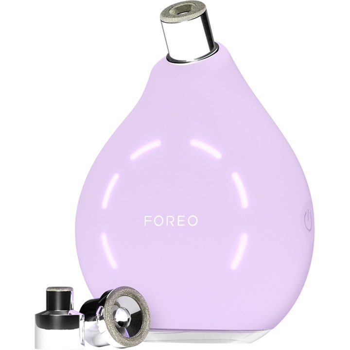 FOREO KIWI Derma Facial Cleanser 1 stk for eksfoliering er en lilla dråpeformet enhet med lysende ring og tre munnstykker