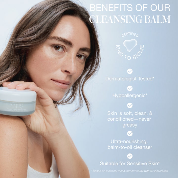 RMS Beauty Coconut Clean Cleansing Balm 100 g ansiktsrengjøring som gir myk hud vist med kvinne og tekst om fordeler.