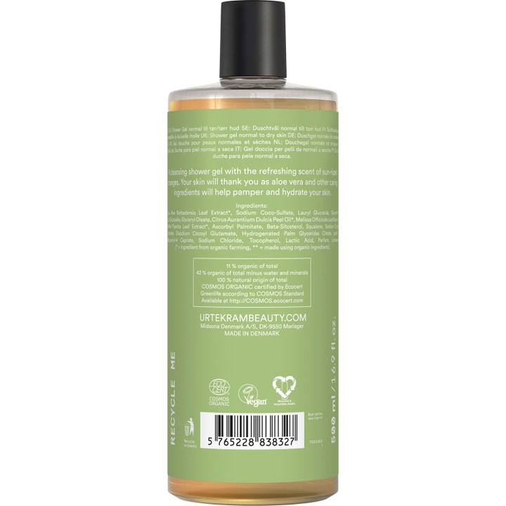 Urtekram Aloe Vera Shower Gel 500 ml fuktighetsgivende dusjsåpe viser baksiden med ingredienser og vegansk logo.