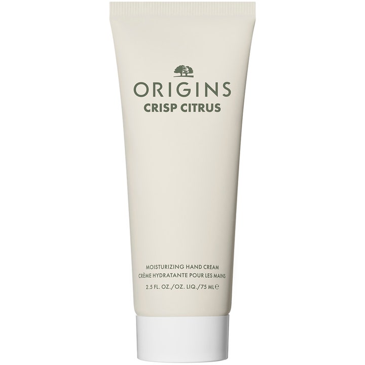 Origins Crisp Citrus 75 ml fuktighetsgivende håndkrem i beige tube med grønn logo og hvit kork som gir myke hender.