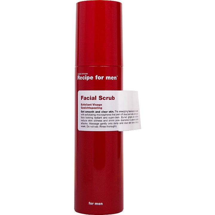 Recipe for men Facial Scrub eksfolierende ansiktsskrubb som gir klar hud i rød sylindrisk flaske med hvit etikett