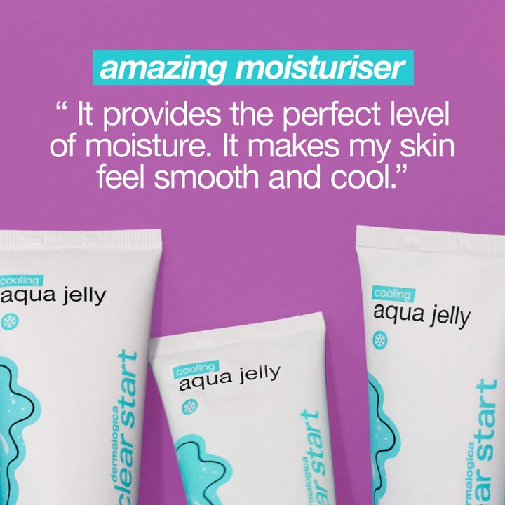 Dermalogica Cooling Aqua Jelly Clear Start 59 ml fuktighetsgivende ansiktskrem i tuber på lilla bakgrunn med tekst.