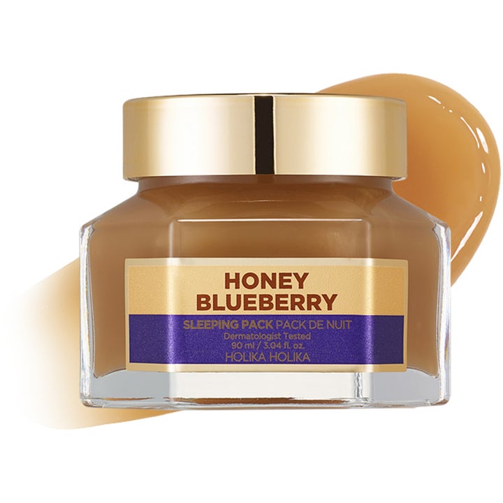 Holika Holika Honey Sleeping Pack Blueberry 90 ml fuktighetsgivende nattmask i glasskrukke med gulllokk og gel.