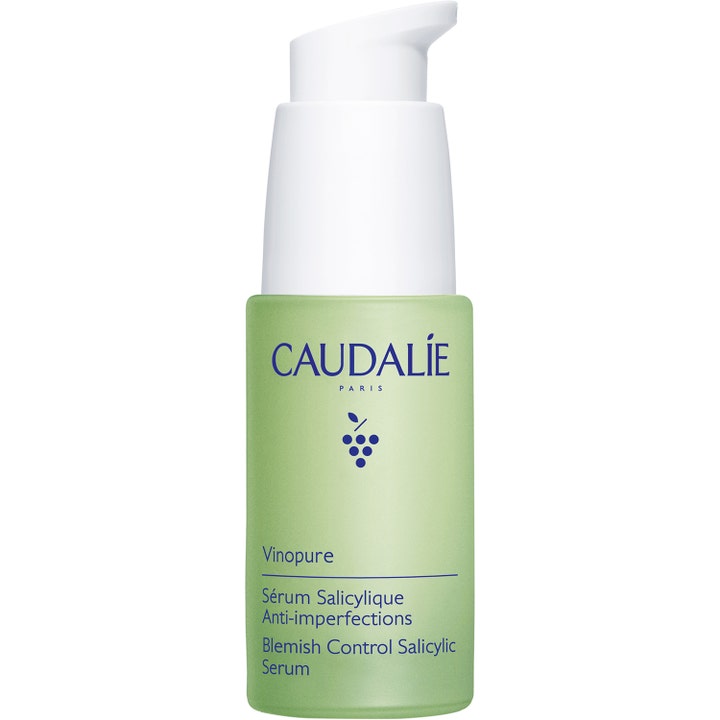 Caudalie Vinopure Blemish Control Salicylic Serum 30ml mot urenheter i en grønn frostet glassflaske med hvit pumpe