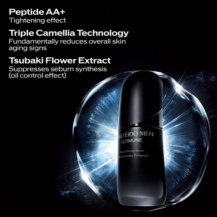 Shiseido Ultimune Men 2.0 50 ml anti age ansiktsserum med Peptide AA+ i en svart flaske omgitt av blått lys.