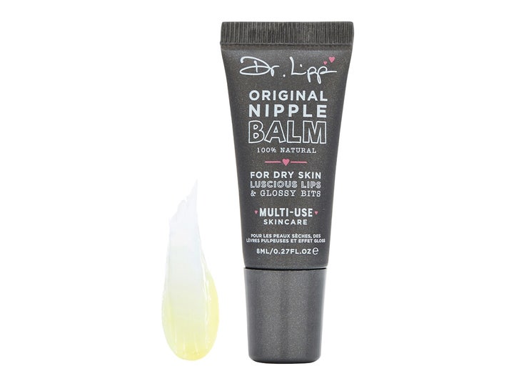 Dr.Lipp Original Nipple Balm 8 ml pleiende salve i mørkegrå tube vist med en tykk og gjennomsiktig teksturprøve