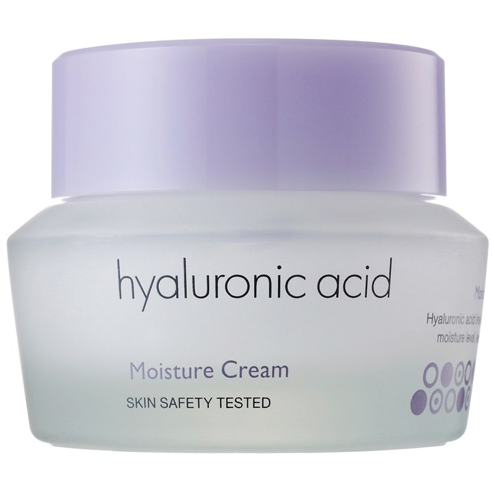 It's Skin Hyaluronic Acid Moisture Cream fuktighetsgivende ansiktskrem i frostet glasskrukke med lilla skrulokk.