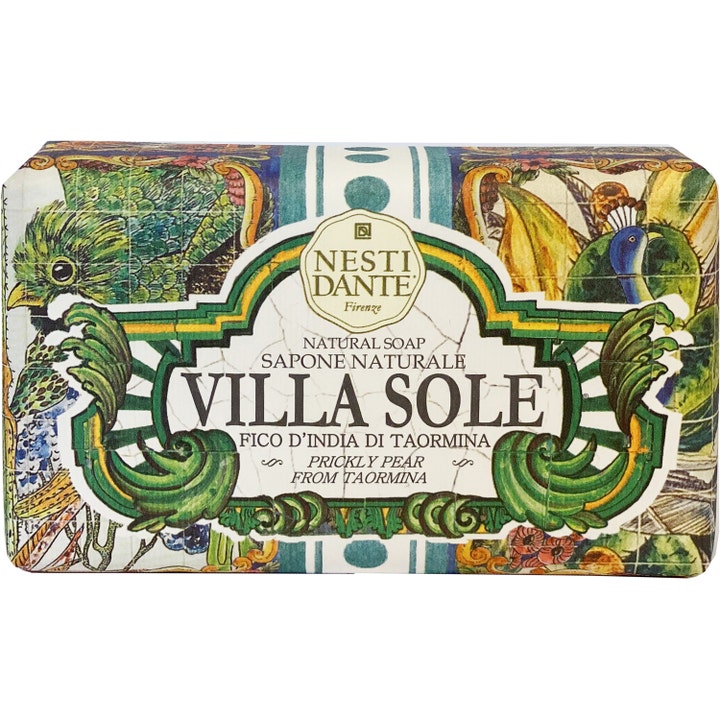 Nesti Dante Villa Sole Prickly Pear 250g naturlig såpe i dekorativt papir med fargerike motiver av kaktusfiken og fugler