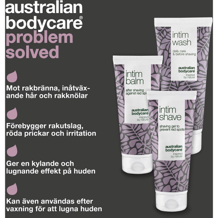 Australian Bodycare Intimate Shaving Kit 400 ml mot røde nupper med tre hvite tuber dekorert med lilla bladmønster.