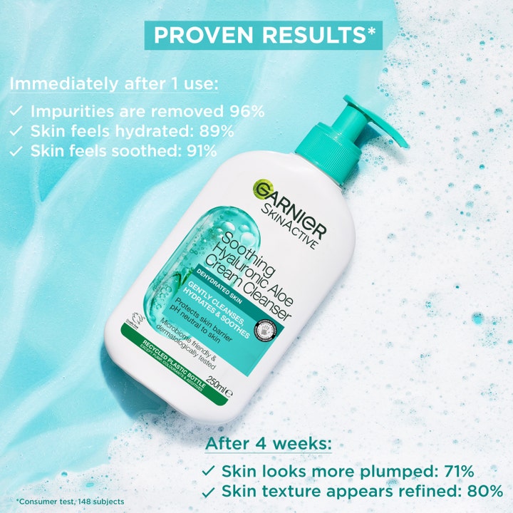 Garnier Hyaluronic Aloe Cream Cleanser 250 ml beroligende ansiktsrens i hvit pumpeflaske omgitt av vann og bobler.