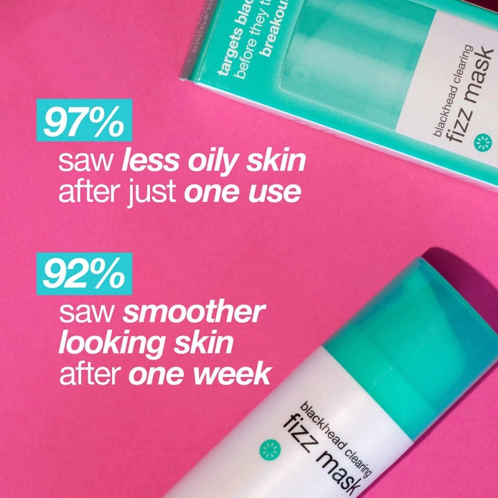Dermalogica Clear Start Blackhead Clearing Fizz Mask ansiktsmaske mot hudormer på rosa bakgrunn med testresultater