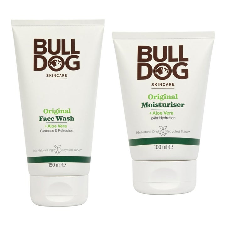 Bulldog Original Face Wash 150ml og Moisturiser 100ml rensende hudpleie med aloe vera i to hvite tuber med grønn tekst