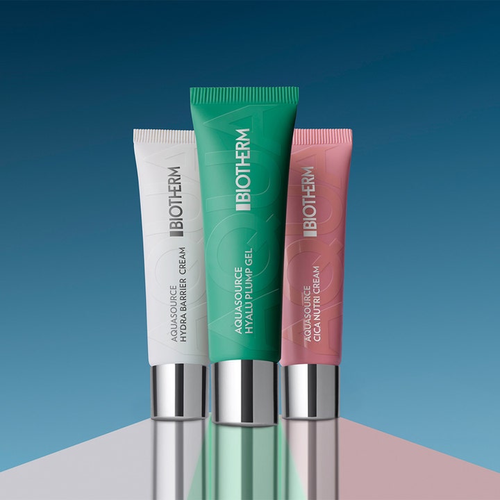 Biotherm Aquasource Cica Nutri Cream 30 ml fuktighetsgivende dagkrem i rosa tube ved siden av hvit og grønn variant