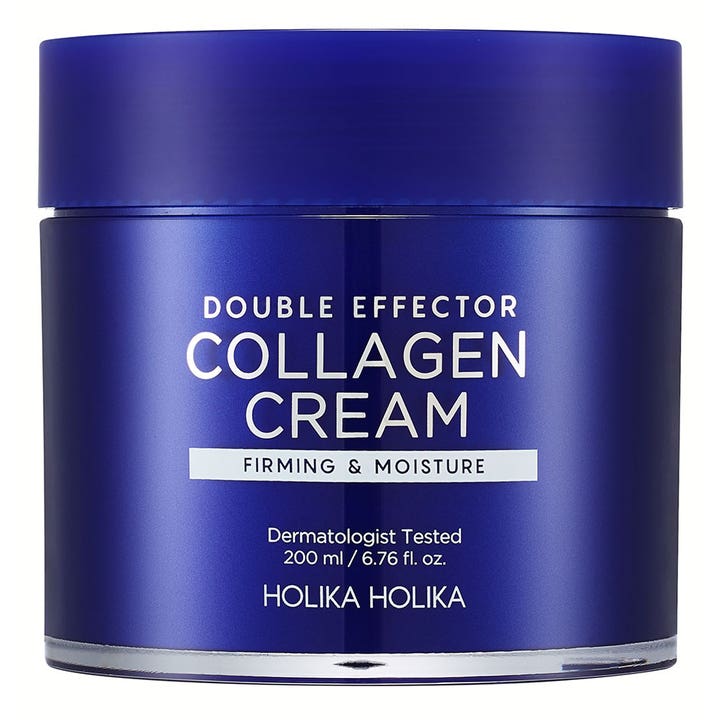 Holika Holika Double Effector Collagen Cream 200 ml oppstrammende ansiktskrem i en mørkeblå krukke med hvit tekst