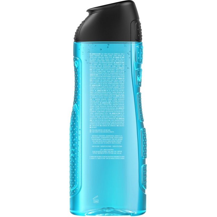 Adidas Ice Dive For Him 400 ml dusjsåpe i blå flaske med svart kork som viser ingredienser på baksiden