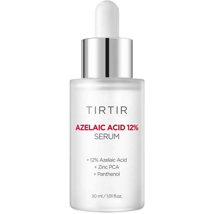 TIRTIR Azelaic Acid 12% Serum 30 ml beroligende ansiktsserum i frostet glassflaske med sølvdetaljer og hvit pipette