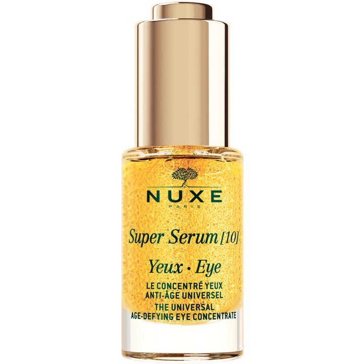 Nuxe Super Serum [10] Eye 15 ml antialdrende øyeserum i glassflaske med gullkork og synlige gylne oljeperler