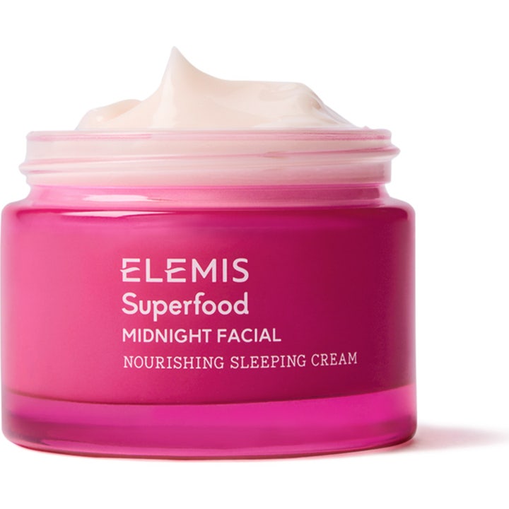 Elemis Superfood Midnight Facial 50ml næringsgivende nattkrem i lilla glasskrukke med kremet hvit tekstur