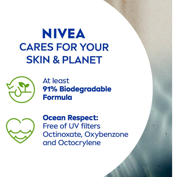 NIVEA Sun Protect & Dry Touch SPF30 200 ml solkrem som viser biologisk nedbrytbar og havvennlig formel