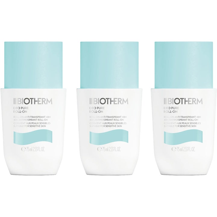 Biotherm Deo Pure Roll-On 3x75ml antiperspirant for sensitiv hud i tre hvite beholdere med lyseblå korker