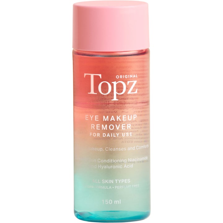 Topz Eye Makeup Remover 150 ml pleiende sminkefjerner med hyaluronsyre i flaske med rosa til turkis fargeovergang