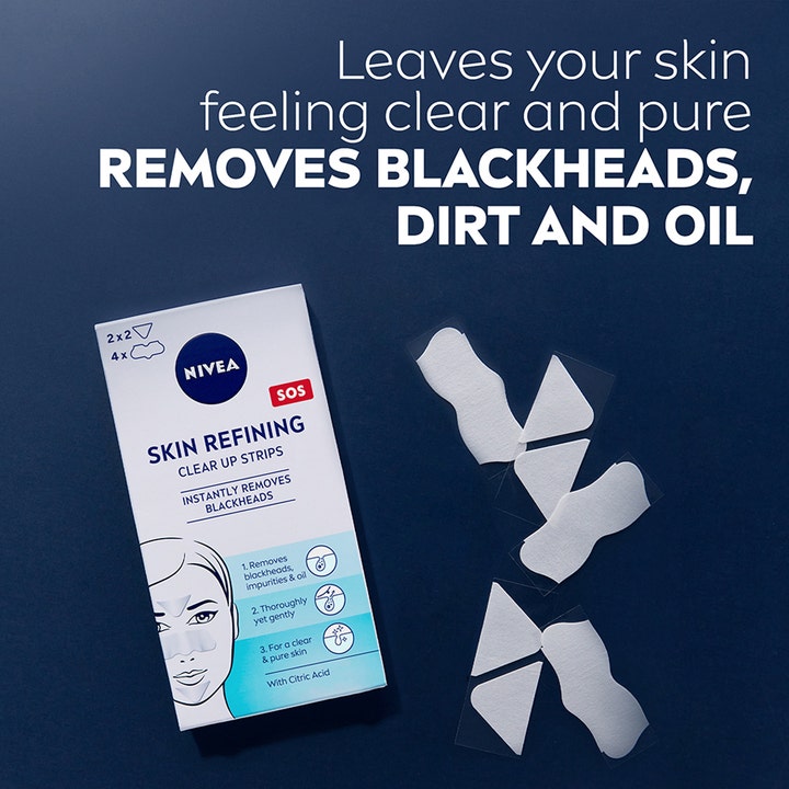 NIVEA Refining Clear-Up Strips 6st fjerner hudormer og urenheter med hvite strips i ulike former.