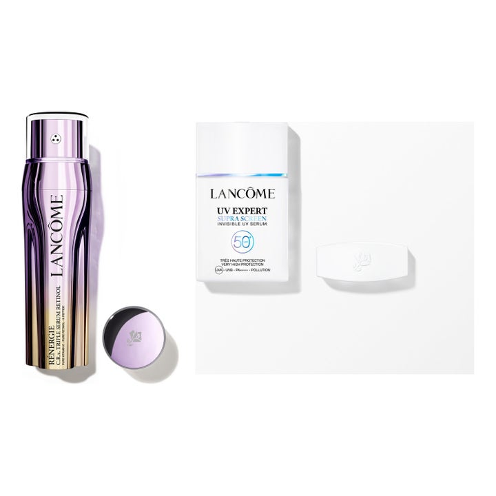 Lancôme Rénergie Triple Serum og UV Expert Supra Screen SPF 50+ anti-aging hudpleie i lilla og hvit forpakning