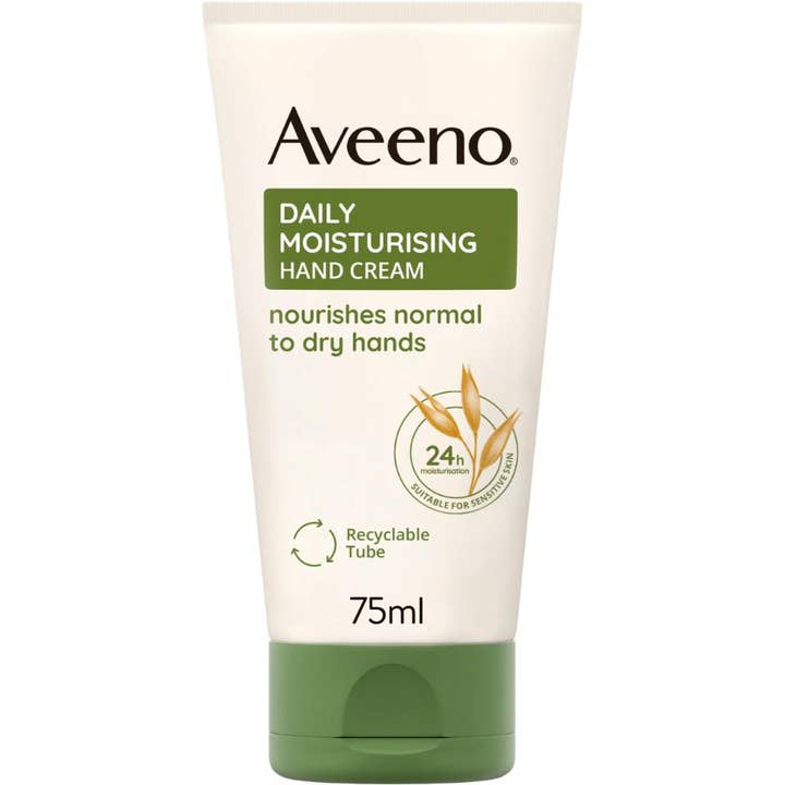 Aveeno Daily Moisturising Hand Cream 75ml fuktighetsgivende håndkrem i hvit tube med grønn kork og havreillustrasjon.