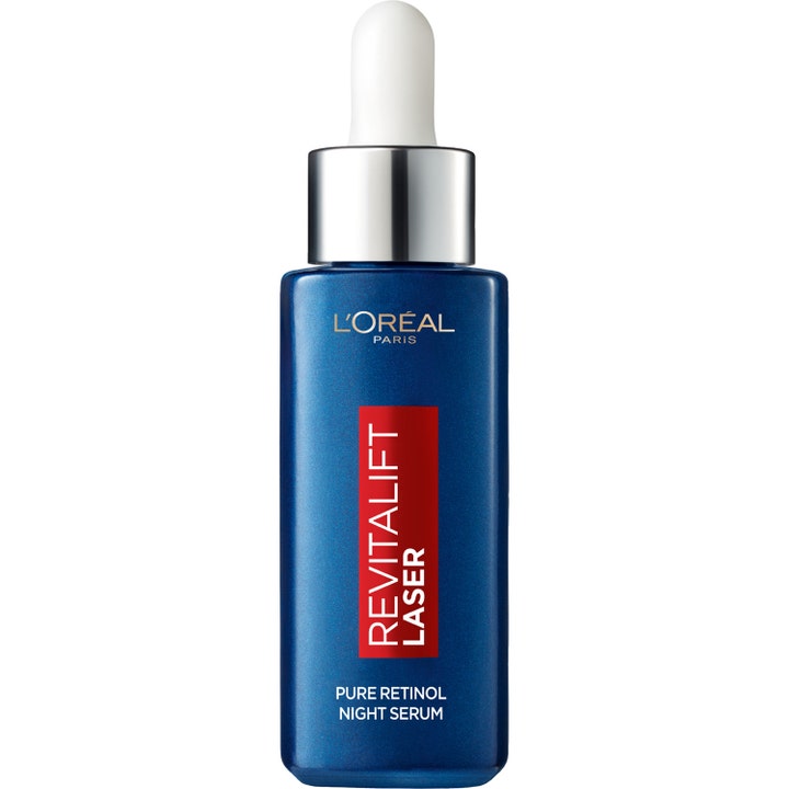 L'Oréal Paris Revitalift Laser Pure Retinol Night Serum 30 ml i en dyp blå glassflaske med sølvfarget pipette.
