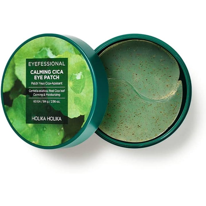 Holika Holika Eyefessional Calming Cica Eye Patch 60 stk beroligende øyemasker i grønn krukke med synlige bladpartikler
