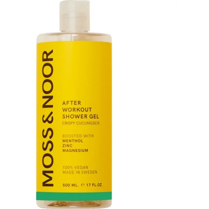 Moss & Noor After Workout Shower Gel 500 ml oppfriskende dusjgelé med mentol i gul flaske med grønn stripe og hvit kork