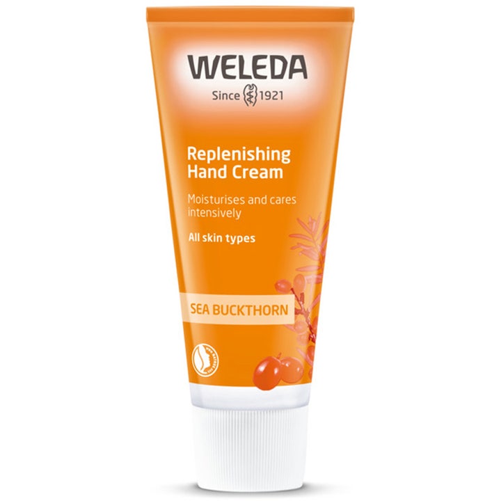 Weleda Replenishing Hand Cream pleiende håndkrem som gir intensiv fuktighet i oransje tube med tindvedbær