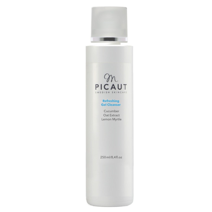 M. Picaut Refreshing Gel Cleanser 250 ml rensende ansiktsgel i hvit flaske med frostet lokk og sølvring