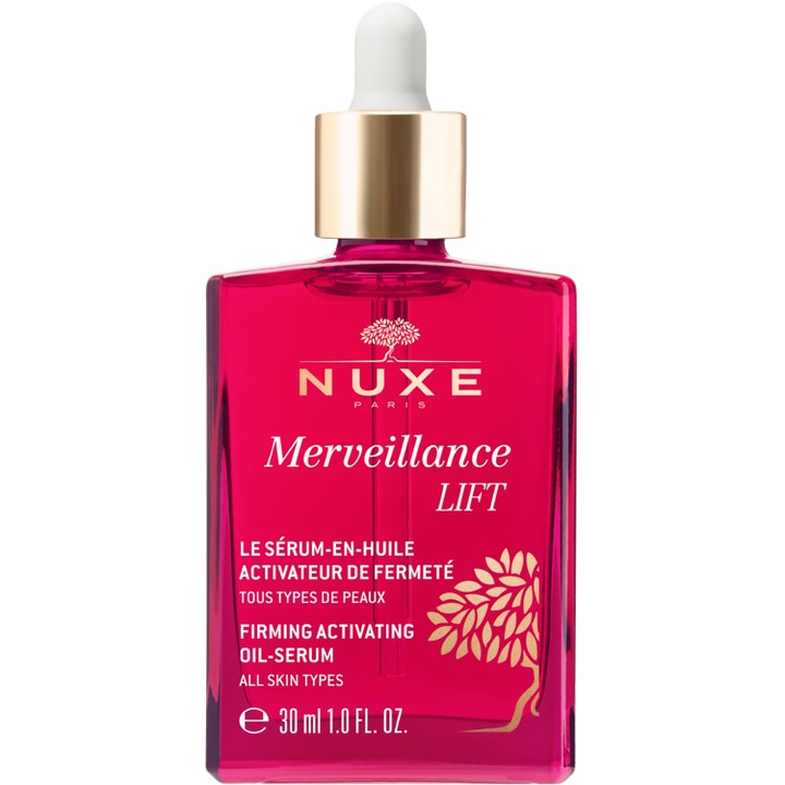 Nuxe Merveillance Lift 30 ml oppstrammende oil-serum i en klar rosa glassflaske med pipette og gulldetaljer.